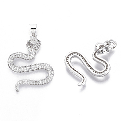 Платинированный Латунные микропаве прозрачные подвески с фианитом, без никеля , змея, Реальная платина, 26.5x22x5.5 мм, отверстие : 3.5 мм