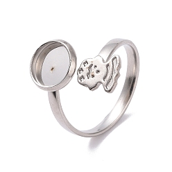 Stainless Steel Color Non-Tarnish 304 Stainless Steel Open Cuff Ring Findings, Pad Ring Setting, Flat Round and Human, Stainless Steel Color, US Size 7(17.3mm), Tray: 8mm and 8.5x7mm