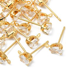Real 18K Gold Plated SHEGRACE Brass Clear Cubic Zirconia Teardrop Stud Earring Findings, Cadmium Free & Nickel Free & Lead Free, with Loop, Real 18K Gold Plated, 8x4mm, Hole: 0.9mm