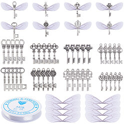 Античное Серебро Набор для изготовления брелка своими руками, включая подвески в виде ключей-скелетонов из сплава, органза ткань, эластичная нить, античное серебро, 160 шт / коробка