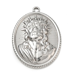 Stainless Steel Color Religion 201 Stainless Steel Pendants, Oval with Jesus Charms, Stainless Steel Color, 36x26x4.5mm, Hole: 2.5mm