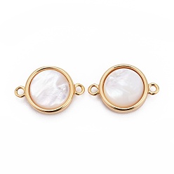 Golden Natural White Shell Links connectors, with Brass Findings, Flat Round, Golden, 17.5x12x5.5mm, Hole: 1.5mm