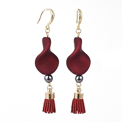 Dark Red Rubberized Style Acrylic Dangle Earrings, with Brass Suede Cord Tassel Pendants, Non-Magnetic Synthetic Hematite Round Beads and Brass Earring Hooks, Twist, Dark Red, 71mm, Pin: 0.8mm