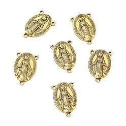 Antique Golden Holy Oval Carved Virgin Mary Tibetan Style Alloy Chandelier Component Links, 3 Loop Connectors, Rosary Center Pieces, Antique Golden, Lead Free & Cadmium Free & Nickel Free, 23x14.5x3mm, Hole: 1mm, about 470pcs/kg