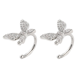Platinum Brass Micro Pave Cubic Zirconia Cuff Earrings for Women, Butterfly, Platinum, 14x11x1.5mm