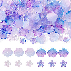 Сине-фиолетовый 100шт. 4 стили, колпачки из прозрачного стеклянного бисера с покраской, запеченные в печи, 5-лепестков цветка, с блеском порошок, синий фиолетовый, 12~20x4.5~5 мм, отверстие : 1.2~1.4 мм, 25 шт / стиль