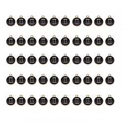 Gemini Alloy Enamel Pendants, Flat Round with Constellation, Light Gold, Black, Gemini, 15x12x2mm, Hole: 1.5mm, 50pcs/Box