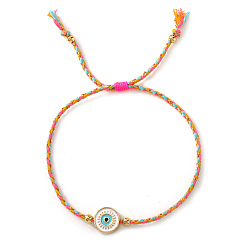 Hot Pink Brass Enamel White Evil Eye Link Braclets, Braided Cotton Cord Adjustable Bracelets for Women, Golden, Hot Pink, 11.02 inch(28cm)