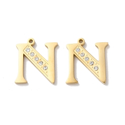 Letter N Настоящее 14к позолота 304 подвески из нержавеющей стали, со стразами, Письмо N, 18x16.5x2 мм, отверстие : 1.4 мм
