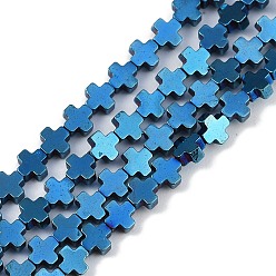 со Синим Покрытием Гальванические нити из синтетических немагнитных гематитовых бусин, крестик, с покрытием синим, 3x3x1.5 мм, отверстие : 0.5 мм, около 132 шт / нитка, 15.75'' (40 см)