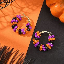 Colorido Halloween 201 Pendientes de aro de acero inoxidable para mujer, pendientes de aro de cuentas de semillas de vidrio, colorido, 28x29.5 mm