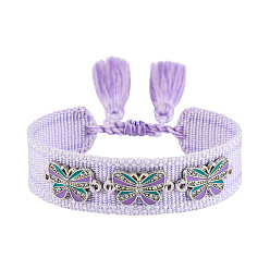 Лиловый Регулируемые браслеты-слайдеры в форме бабочки из полиэстера, сплава, смолы, эмали и стразов., браслеты макраме для женщин, с кистями, сирень, 5.91~9.45 дюйм (15~24 см)