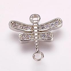 Platinum Brass Micro Pave Cubic Zirconia Links, Dragonfly, Platinum, 13x13.5x2mm, Hole: 1mm