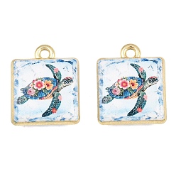 Sea Green Ocean Theme Printed Alloy Pendants, Square with Turtle Charms, Golden, Rack Plating, Sea Green, 18x15x5mm, Hole: 1.8mm