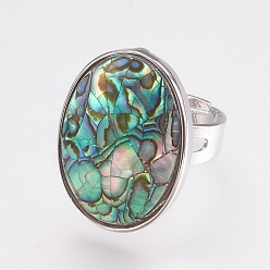 Colorful Adjustable Natural Abalone Shell/Paua ShellFinger Rings, with Platinum Tone Brass Findings, Oval, Colorful, Size 8, 18mm
