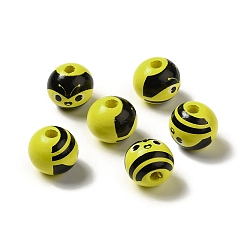 Yellow Schima Wood European Beads, Large Hole Beads, Round with Bee Pattern, Yellow, 16x14.5mm, Hole: 4mm