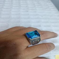 Темно-Голубой 316Мужские винтажные резные кольца из нержавеющей стали с кубическим цирконием, квадратный, готические кольца, античное серебро, глубокое синее небо, размер США 11 (20.6 мм)