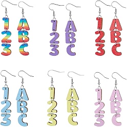 (52) Непрозрачная лаванда 6 наборы 6 цвета деревянные серьги-подвески с железными штифтами, асимметричные серьги с буквами и цифрами, разноцветные, 75x16 мм, 1 набор / цвет