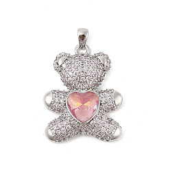 Pink Micro cuivres ouvrent pendentifs zircone cubique, ours, crémaillère plaquage, plaqué longue durée, sans plomb et sans cadmium, rose, 26.5x21x6.5mm, Trou: 3.5x2mm
