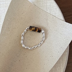 Тигровый глаз Латунные манжетные кольца с тигровым глазом, платина, диск, внутренний диаметр: регулируемый