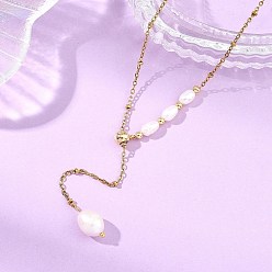 Oro 304 collares tipo lazo con cadena satélite de acero inoxidable ajustables, collares con borlas de perlas de agua dulce cultivadas naturales, blanco floral, dorado, 15.91 pulgada (40.4 cm)