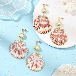 Golden Electroplate Natural Sea Shell Dangle Earrings, Shell Shapes, with Natural Baroque Pearl Keshi Pearl Beads and 304 Stainless Steel Stud Earring Findings, Golden, 76~82x45~50mm