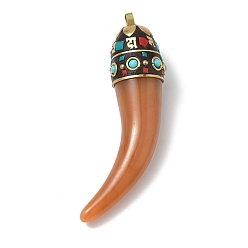 Saddle Brown Brass & Resin & Polymer Clay & Natural Shell Big Pendants, Horn Cornicello Charm, Saddle Brown, 91~93.5x22.5~24x23.5~24.5mm, Hole: 4~4.5x4.5~5mm