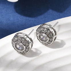 Платина Плоские круглые серьги-гвоздики из латуни с микропаве и прозрачным фианитом, долговечный, стойки покрытие, без свинца и без кадмия, платина, 10.5 мм
