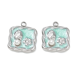Stainless Steel Color 304 Stainless Steel Enamel Pendants, with ABS Plastic Pearl, Square with Flower Charms, Ion Plating(IP), Stainless Steel Color, 17x14x4mm, Hole: 1.6mm