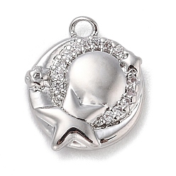 Platinum Brass with Cubic Zirconia Charms, Flat Round with Star, Platinum, 12.5x10.5x2.5mm, Hole: 1.4mm