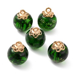 Dark Green Glass Dried Flower Big Pendants, with Alloy Findings, Round, Light Gold, Dark Green, 21x16mm, Hole: 2mm