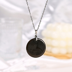 Обсидиан Ожерелья с плоскими круглыми подвесками из натурального обсидиана, Ожерелье-цепочка из нержавеющей стали для женщин и мужчин, 19.69 дюйм (50 см)
