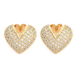 Heart Brass Pave Clear Cubic Zirconia Stud Earrings, Heart, 14x16mm