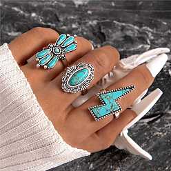 Oval 3Pcs 3 Style Synthetic Turquoise Ring Sets for Women, Boho Alloy Stackable Rings, Mixed Shapes, Oval, Inner Diameter: 15~18mm, 1Pc/style