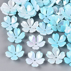 Sky Blue Opaque Plastic Bead Caps, Rainbow Plated, Flower, Sky Blue, 17.5x18.5x5.5mm, Hole: 1.8mm, about 1190pcs/500g