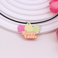Egg Красочный кулон в клетку из акрила с рисунком «Счастливой Пасхи» на черном вощеном шнурке для женщин, яйцо, 17.72 дюйм (45 см), Кулон : 45x40 мм