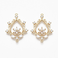 Прозрачный Латунные микро проложить кубических ссылки циркония, без никеля , реальный 18 k позолоченный, слеза, с цветком, прозрачные, 29x20.5x2 мм, отверстие : 1.2 мм