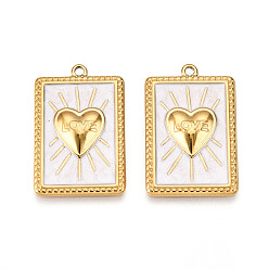 Белый 304 подвески из нержавеющей стали, с эмалью, прямоугольник с сердечком и надписью «любовь», ионное покрытие (ip), реальный 18 k позолоченный, белые, 28x18x3 мм, отверстие : 1.4~1.5 мм