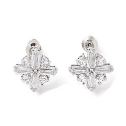 Прозрачный Серьги-гвоздики из латуни с микропаве из кубического циркония, долговечный, цветок, платина, прозрачные, 13.5x14 мм