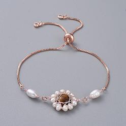 Tiger Eye Adjustable Rose Gold Plated Brass Slider Bracelets, Bolo Bracelets, with Rhinestone, Natural Pearl, Natural Tiger Eye Cabochons and Cardboard Packing Box, 9-1/2 inch(24cm)