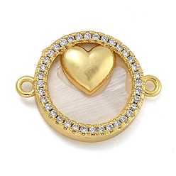 Сердце Покрытие стойки латунь микро-паве прозрачный кубический цирконий плоские круглые подвески-соединители, оболочки ссылки, реальный 18 k позолоченный, долговечный, без кадмия и без свинца, сердце, 23x17x4 мм, отверстие : 1.6 мм