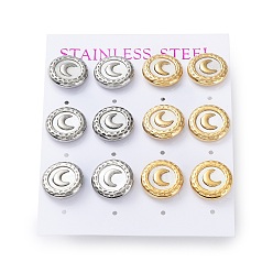 Golden & Stainless Steel Color 6 Pair 2 Color Crescent Moon Natural Shell Stud Earrings, 304 Stainless Steel Earrings, Golden & Stainless Steel Color, 13mm, 3 Pair/color