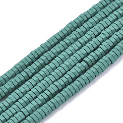 Teal Spray Painted Non-magnetic Synthetic Hematite Beads Strands, Hexagon, Teal, 3x1mm, Hole: 0.8mm, about 305~310pcs/strand, 15.75 inch(40cm)