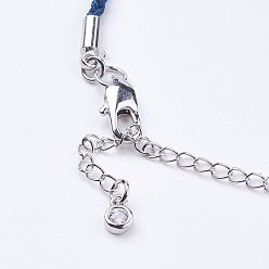 Marine Blue Braided Cotton Cord Bracelet Making, with Brass Lobster Claw Clasps and Extender Chains, with Rhinestone, Platinum, Marine Blue, 5-3/8 inch~5-1/2 inch(13.5~14cm), 3mm, Hole: 2mm