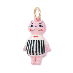 Pearl Pink Brass with Enamel Pendants, Cat Shape with Striped Clothes Charms, Golden, Pearl Pink, 21x11x7mm, Hole: 4mm
