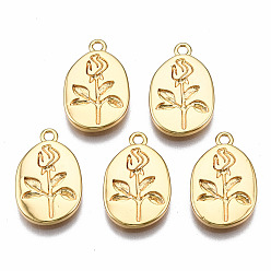 Real 18K Gold Plated Brass Pendants, Nickel Free, Oval with Flower, Real 18K Gold Plated, 17.5x11.5x2mm, Hole: 1.5mm