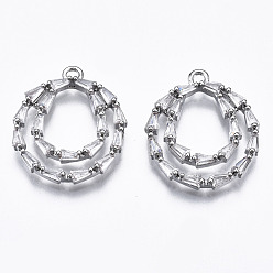 Platinum Brass Inlaid Clear Cubic Zirconia Pendants, Ring with Teardrop, Platinum, 21x18x2.5mm, Hole: 1.5mm