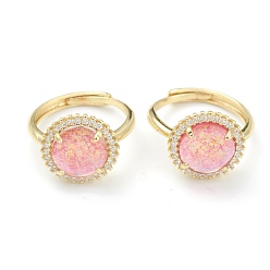 Pink Synthetic Opal Adjustable Rings, with Brass Micro Pave Cubic Zirconia Findings, Oval, Real 18K Gold Plated, Pink, Inner Diameter: 17x18mm