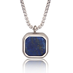 Ляпис-Лазурь 304 квадратные подвески из нержавеющей стали с натуральным лазуритом, цвет нержавеющей стали, 23.62 дюйм (60 см)
