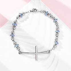 Свет Сапфира 201 из нержавеющей стали ссылку цепи браслеты, с 304 застежками из нержавеющей стали и стразами из полимерной глины для женщин, крестик, света сапфир, 8-1/4~8-1/2 дюйм (20.9~21.7 см)